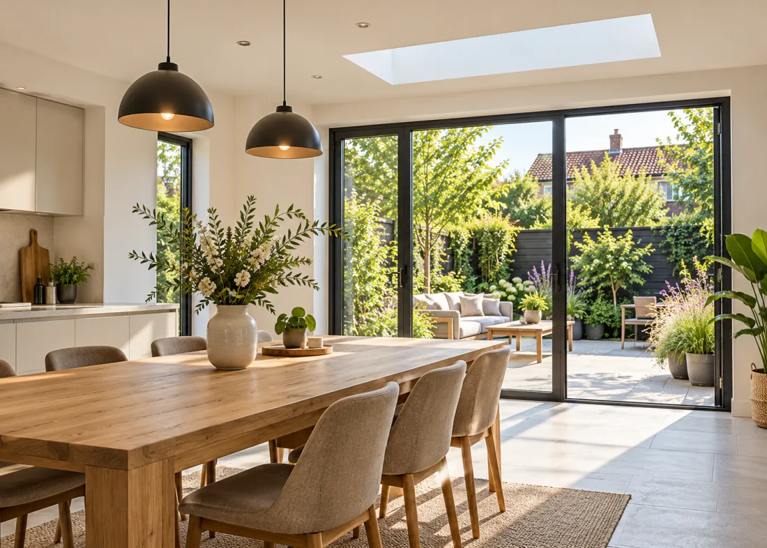 Oak dining table and garden doors in a light interior