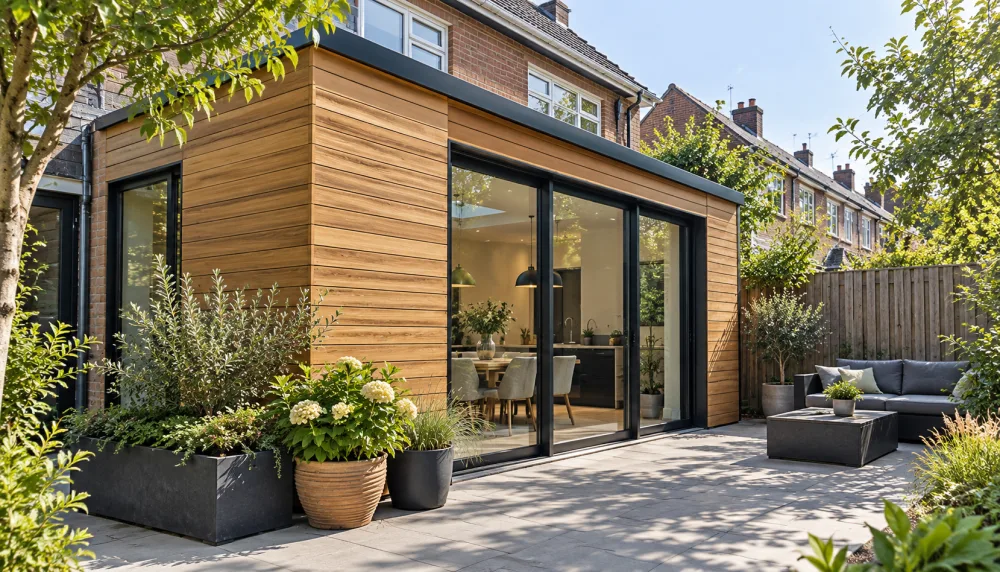 Timber-clad extension opening onto a small garden