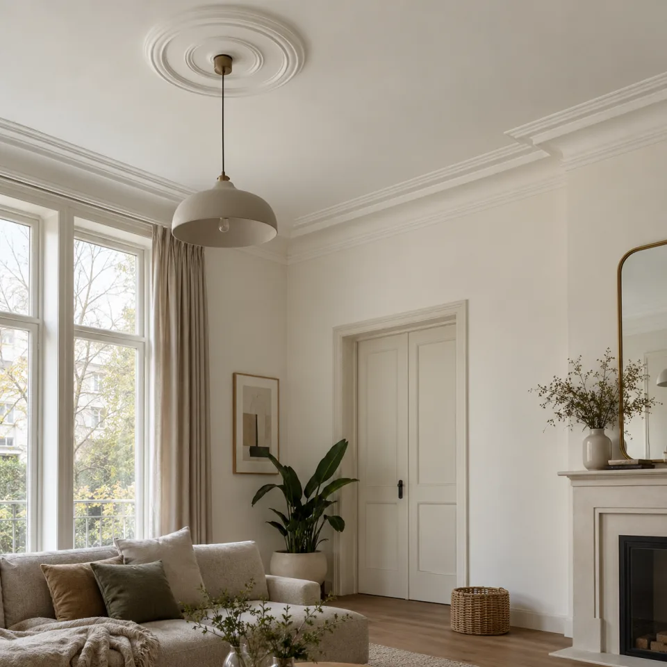 Decoratieve plafondlijsten en een plafondrozet in een woonruimte